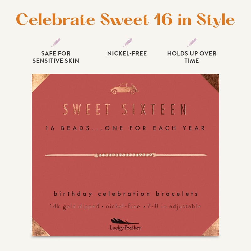 Lucky Feather Sweet 16 Gifts for Girls | 16th Birthday Bracelet Gift Idea for 16 Year Old | 16 year old girl gifts on Adjustable Cord | 16th birthday gifts for girls | Silver, Gold, Rose Gold Dipped - Image 4